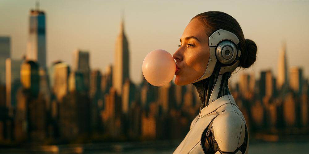 illustrerar bubbla med cyber kvinna som blåser en bubbla